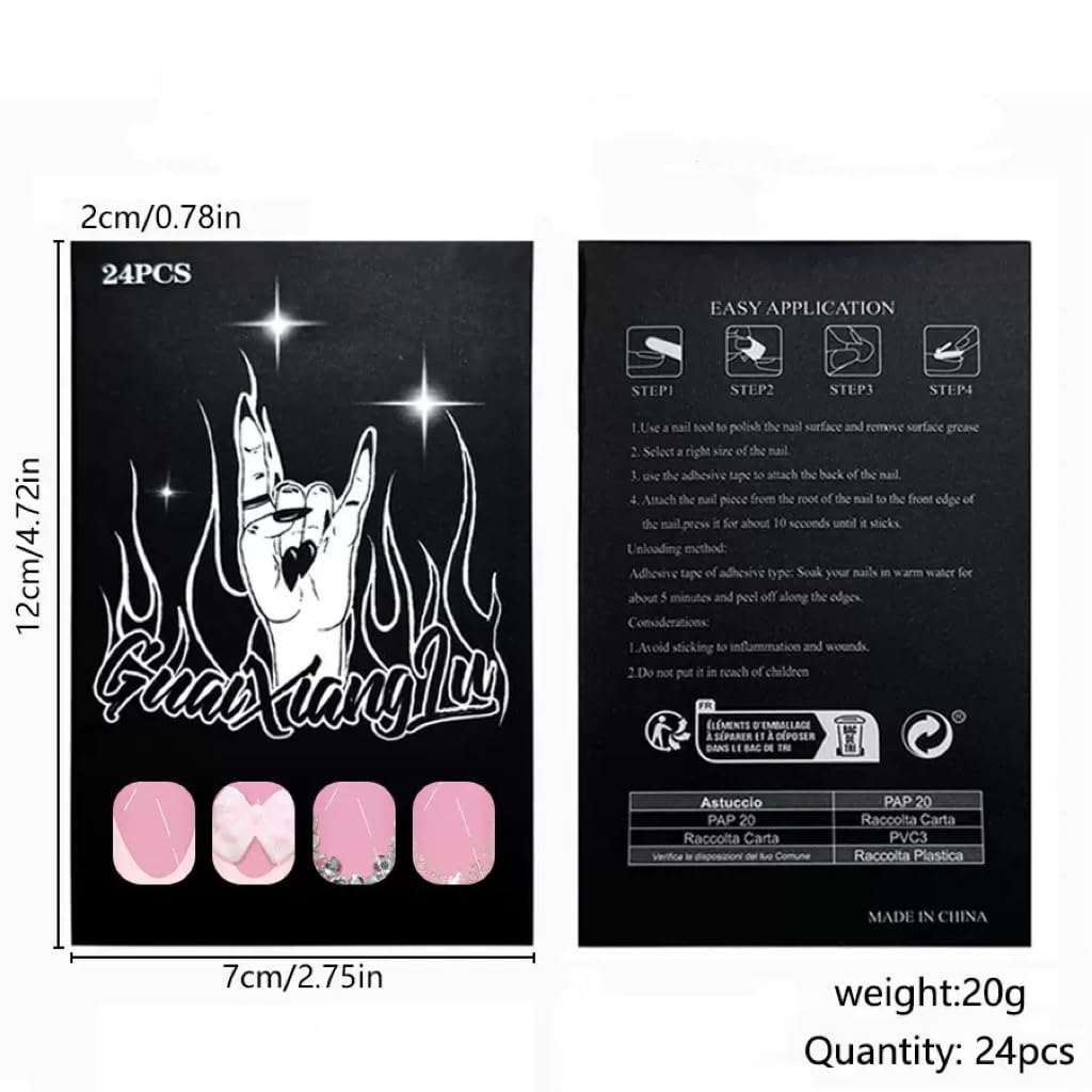 CTTHNBD Press on Nails Square - Medium Fake Nails with Bow Deisgn - Rhinestone, Pink French Tip False Nails - for Women 24 Pcs