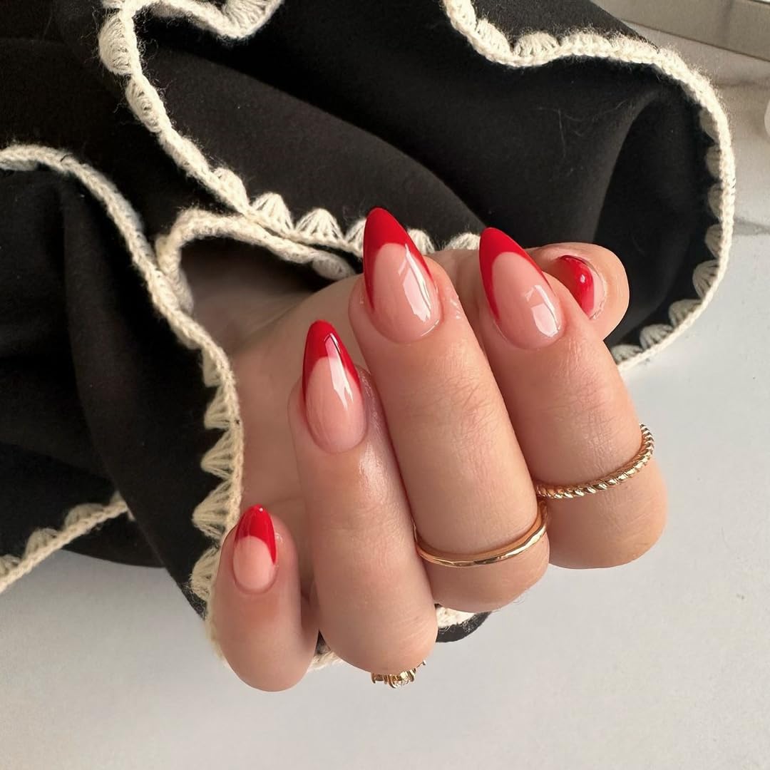 KQueenest Red Press on Nails Medium Almond&Red French Press on Nails Medium Almond For Beach Party Daily Decoration in 48 PCS