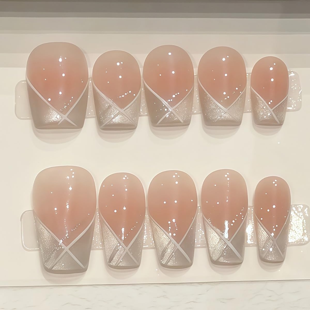 10Pcs Short Coffin Handmade Press On Nails | Nude Pink Ombre with Silver Glitter & Crisscross French Decor | Easy to Apply, Remove & Reusable, Salon-Quality (RR02, M)