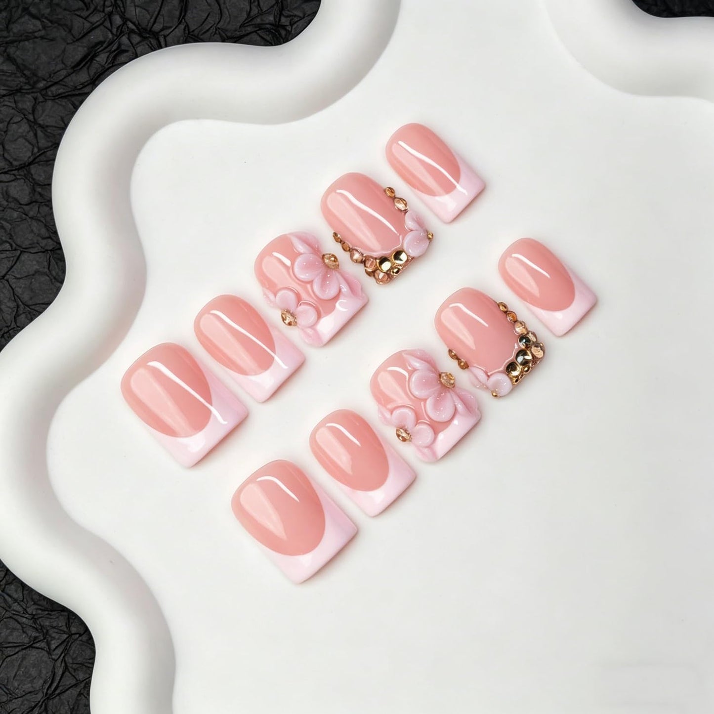 10pcs Press on Nails Flowers Handmade White French Tip Fake Nails with 3D Flower & Gold Rhinestone Designs Short Square Muti-Layer Gel Acrylic Nail Full Cover Thick Stick on Nails for Women (M)