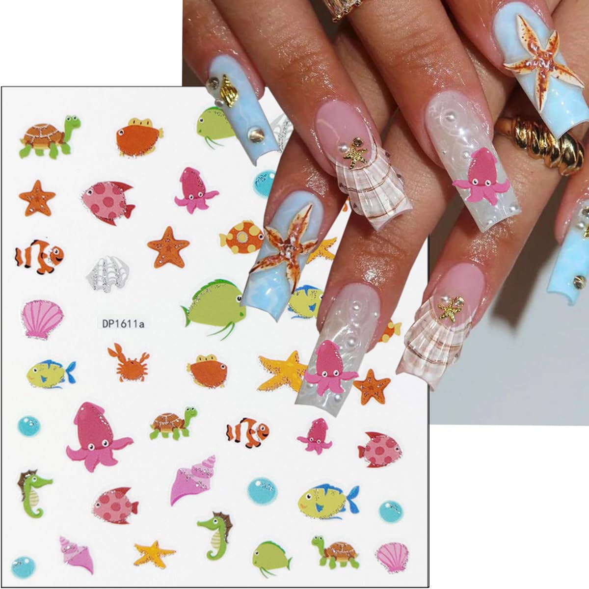 6Pcs Summer Nail Stickers for Nails Art 3D Self Adhesive Beach Nail Decals Tropical Octopus Crab Sea Turtle Shell Design Ocean Nail Supplies Accessories Seahorse Starfish Nail Art Stickers for Women