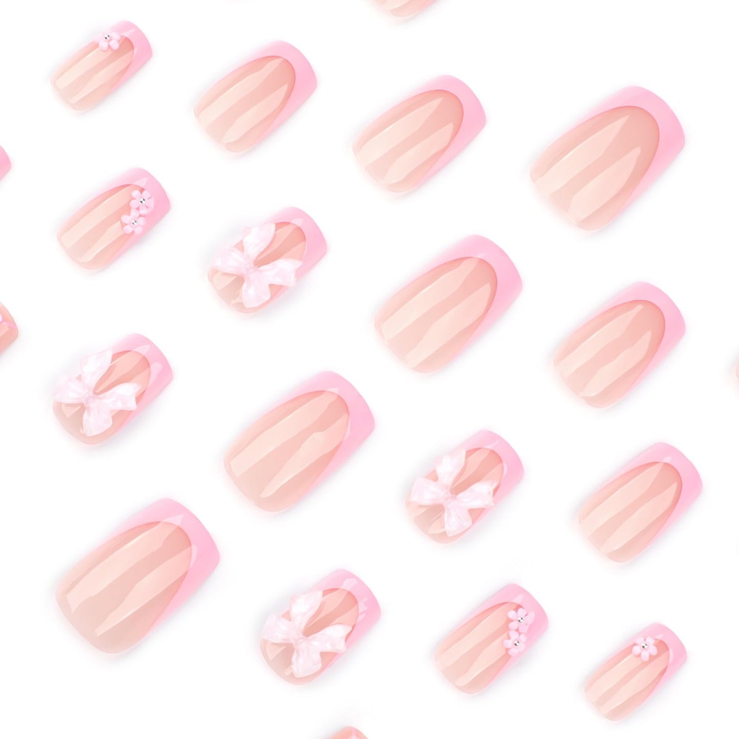 CTTHNBD Medium Press on Square Nails - Pink French Tip Fake Nails with Flower Bow Design - Glossy Stick on False Nails for Women - 24 Pcs