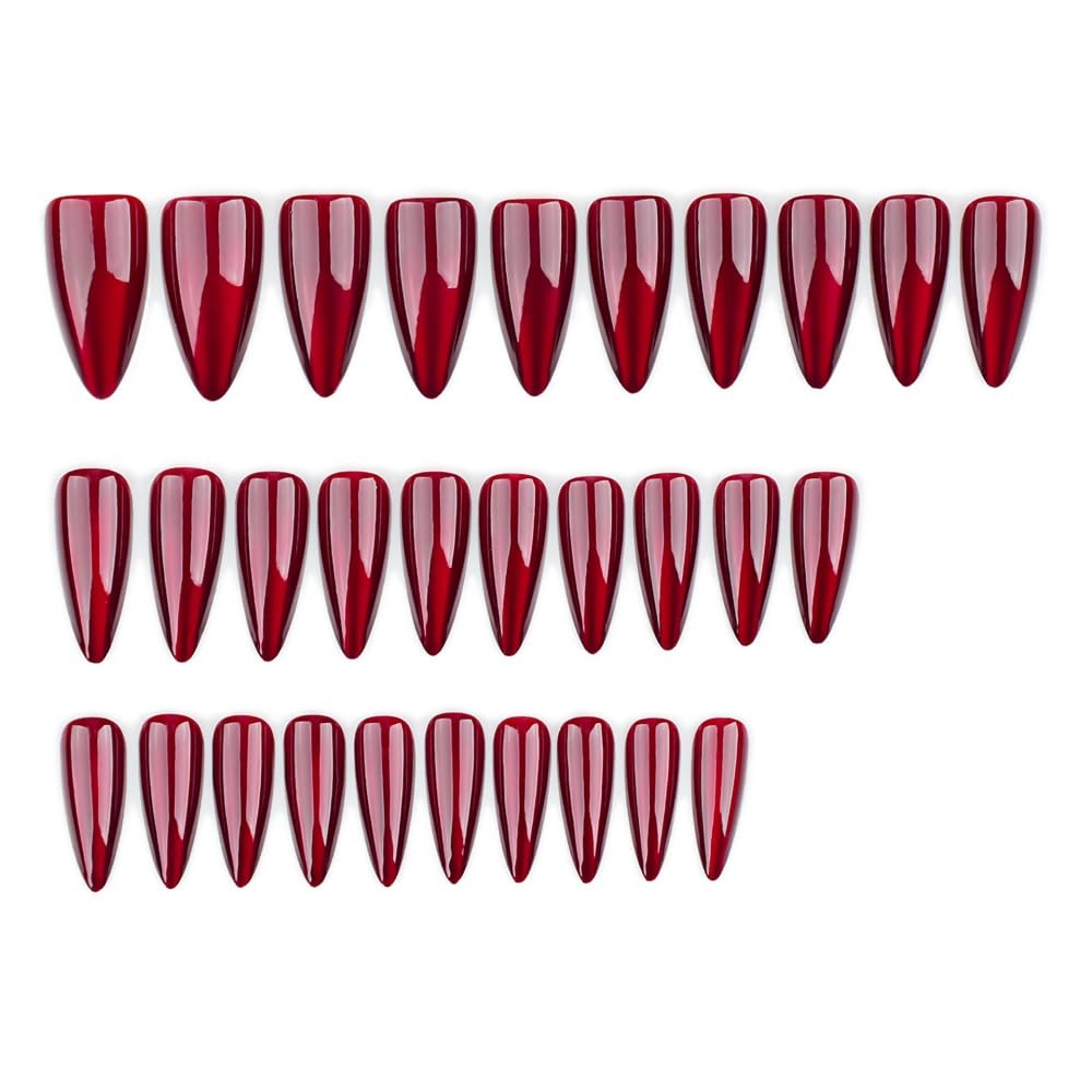 Red Press on Nails Long Almond Fake Nails Glitter False Nails with Designs Christmas Glossy Full Cover Acrylic Glue on Nails Artificial Stick on Nail Cat Eye for Women Manicure Decoration 24Pcs