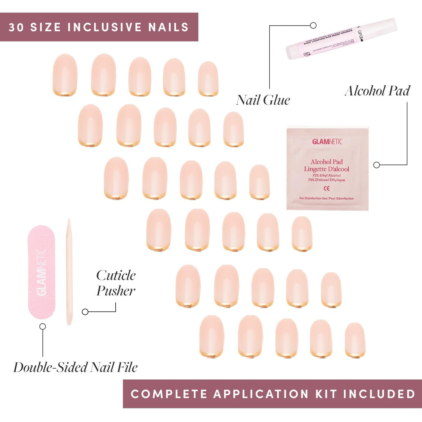 Glamnetic Press-On Nails Bundle - Hot Pink, Goal Digger & Hailey | Neon Pink Short Oval Fake Nails | Natural Short Round False Nails with Gold Foil | Glazed Short Almond False Nails