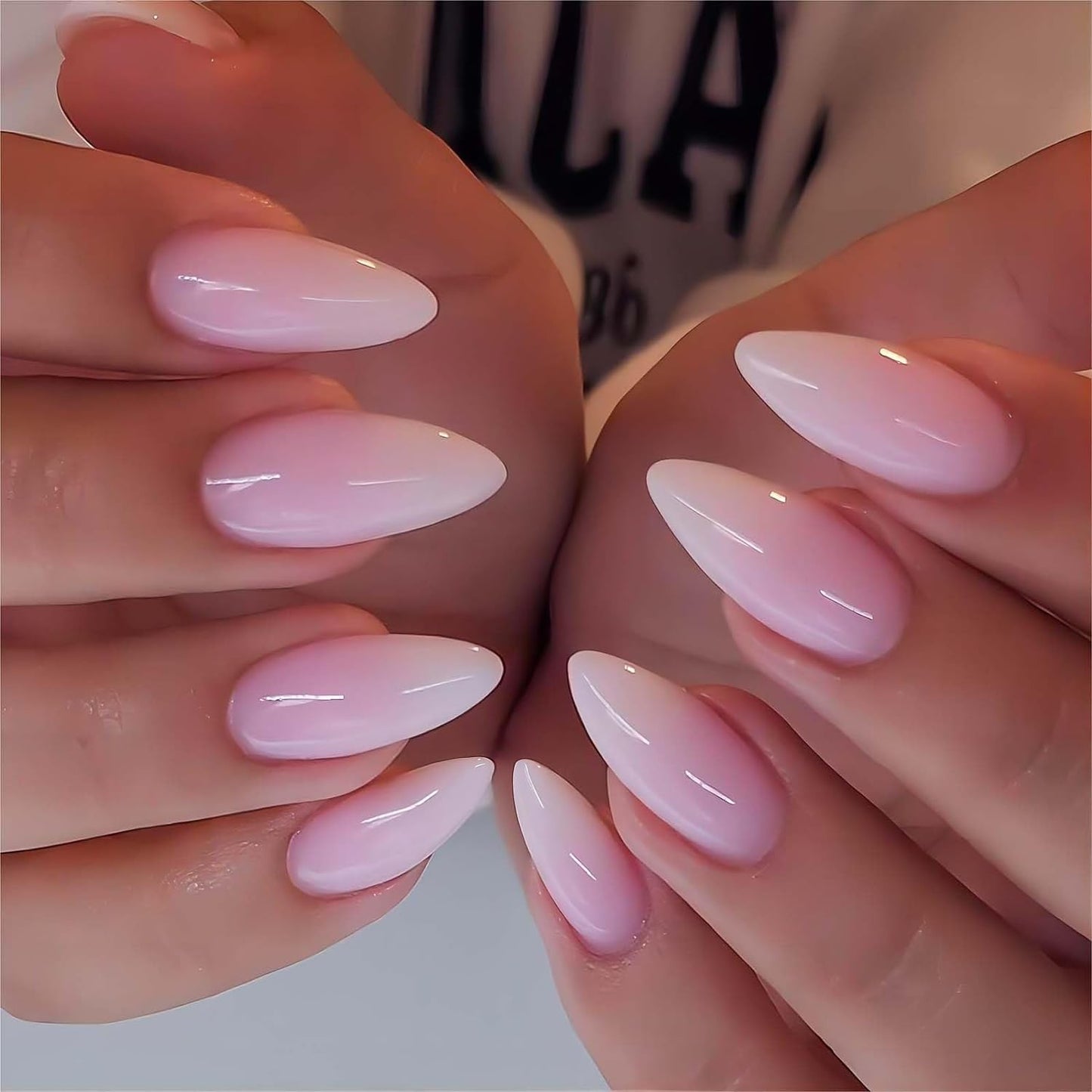 Ombre From Pearly White to Pink Press on Nails Medium Almond Fake Acrylic Nails Set,KQueenest Stiletto Glue on Nails Reusable Gel False Short almond Nails for Girls with UV Coating Manicure in 24 PCS