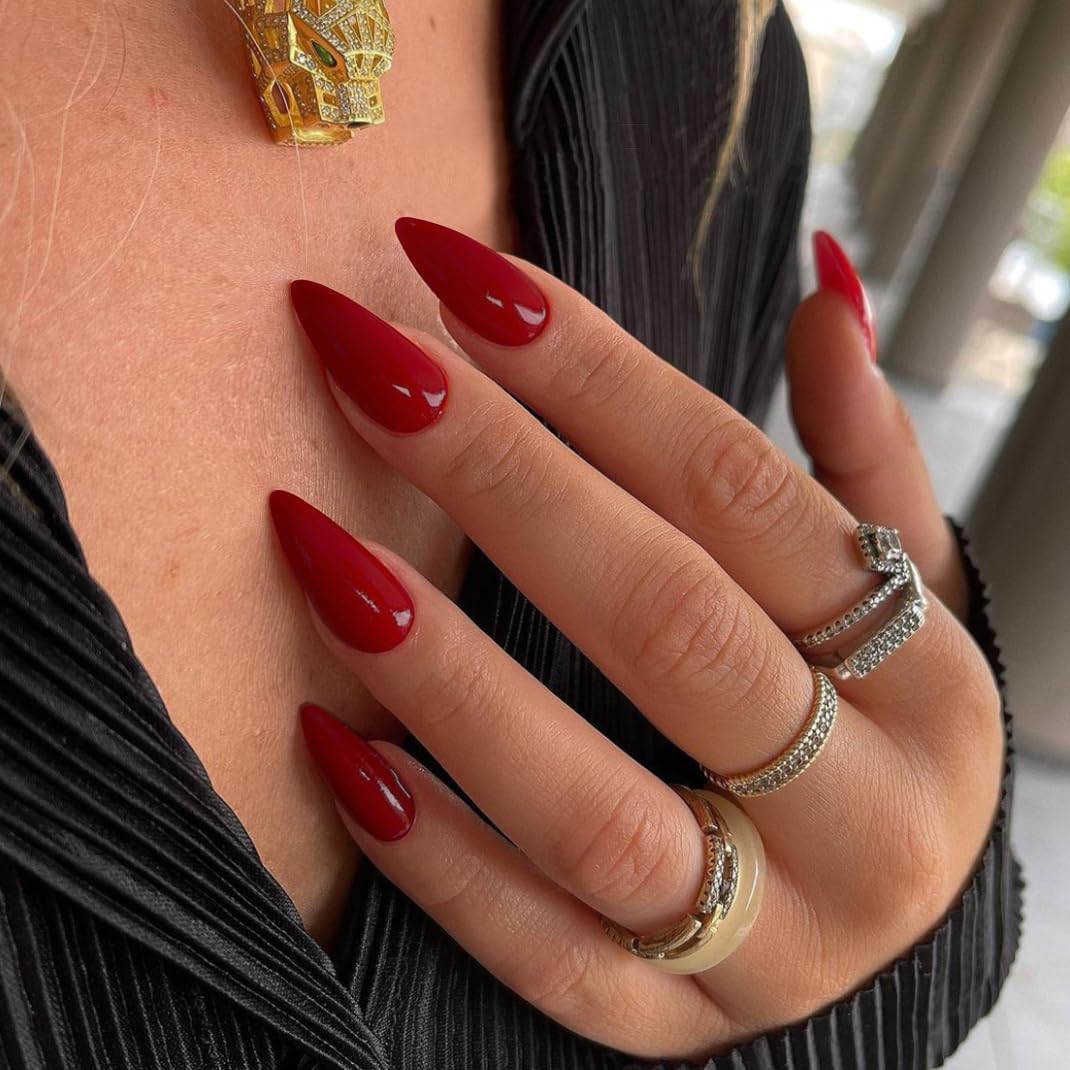 KQueenest Red Press on Nails Medium Almond&Red French Press on Nails Medium Almond For Beach Party Daily Decoration in 48 PCS