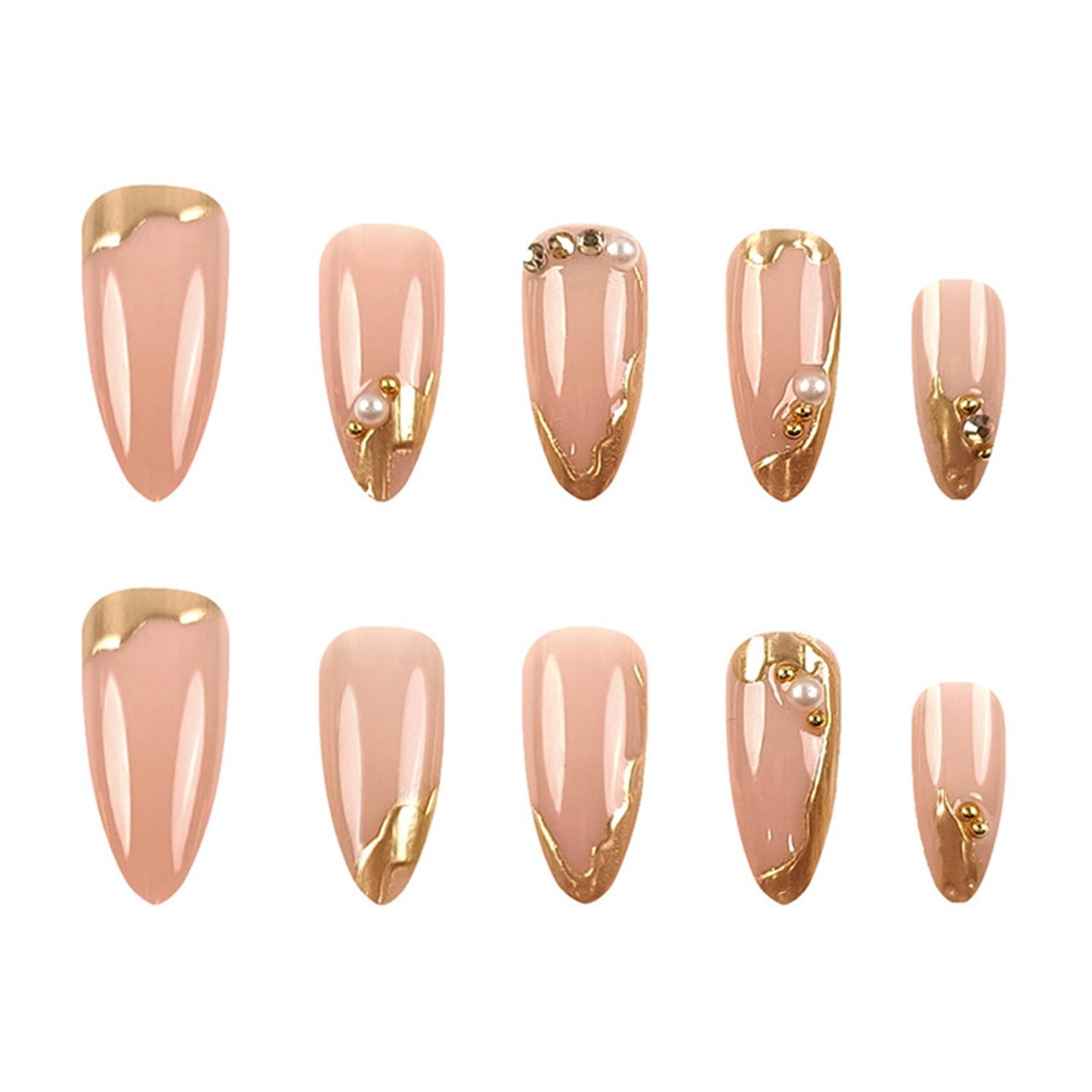 Gold French Tip Press on Nails Medium Almond Fake Nails with Pearl Designs 3D Irregular French Tips Gold Edge False Nails Glossy Nude Acrylic Glue on Nails for Women Girls Manicure Decorations 24Pcs