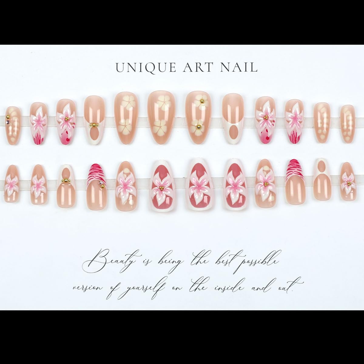 24Pcs Pink Flower Press on Nails Medium Almond Fake Nails 3D Floral with Gold Pearl Glossy Glue on Nails French Tip False Nails Cute Summer Stick on Nails for Women Girls Acrylic Manicure Salon Tips