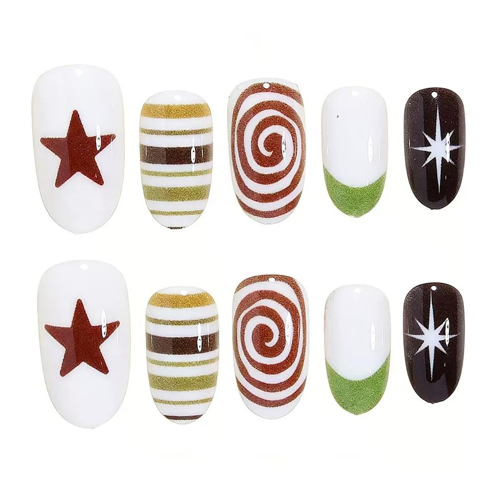 CTTHNBD Short Press on Nails Almond - Star Fake Nails with Whirlpool Stripes Design - Green French Tip False Nails for Women 24 Pcs