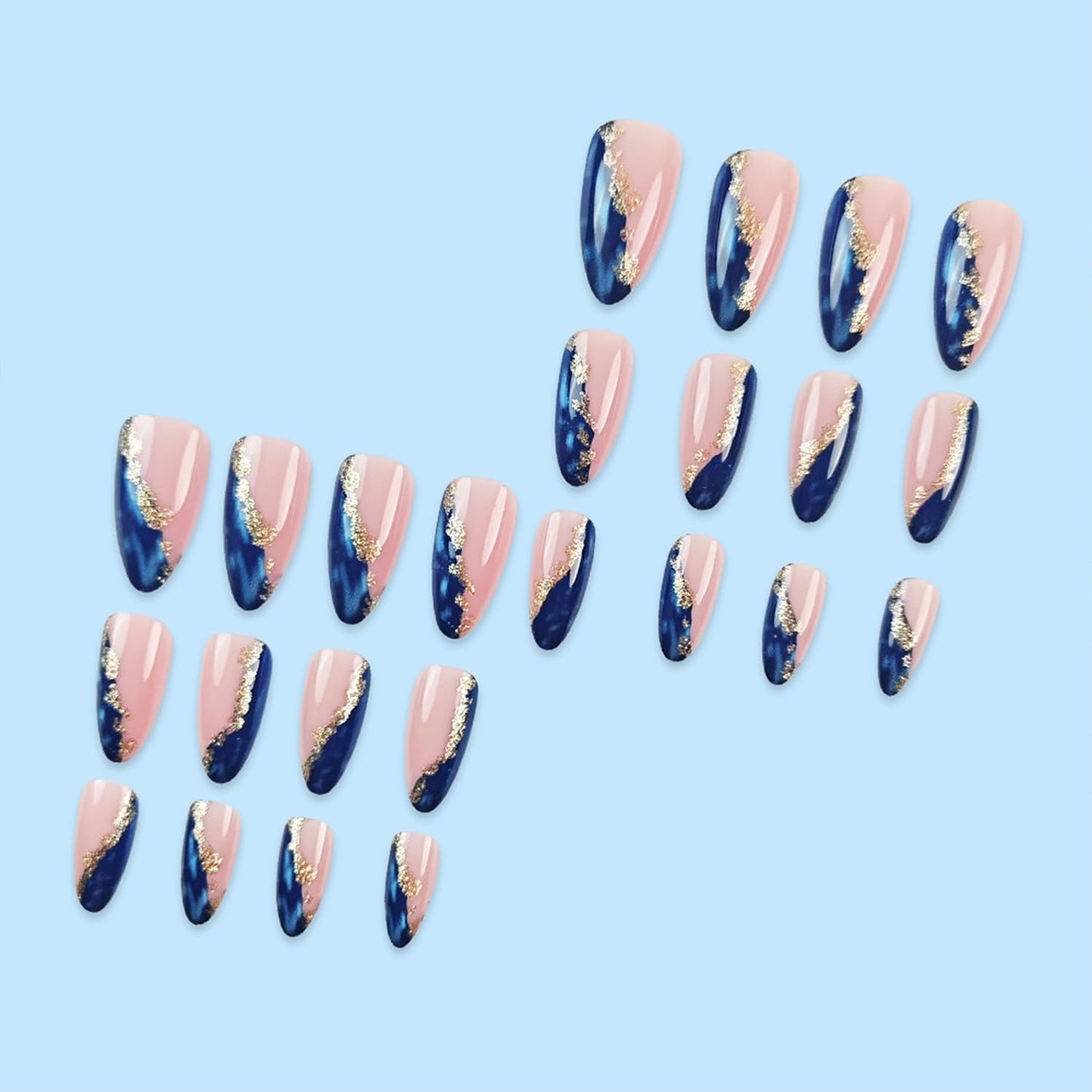Gold Foil Blue Marble Fake Acrylic Nails Medium Almond Press on Nails Mirror Artificial Glue on Nails Full Cover Reusable False Nails for Women Girls DIY Nail Art