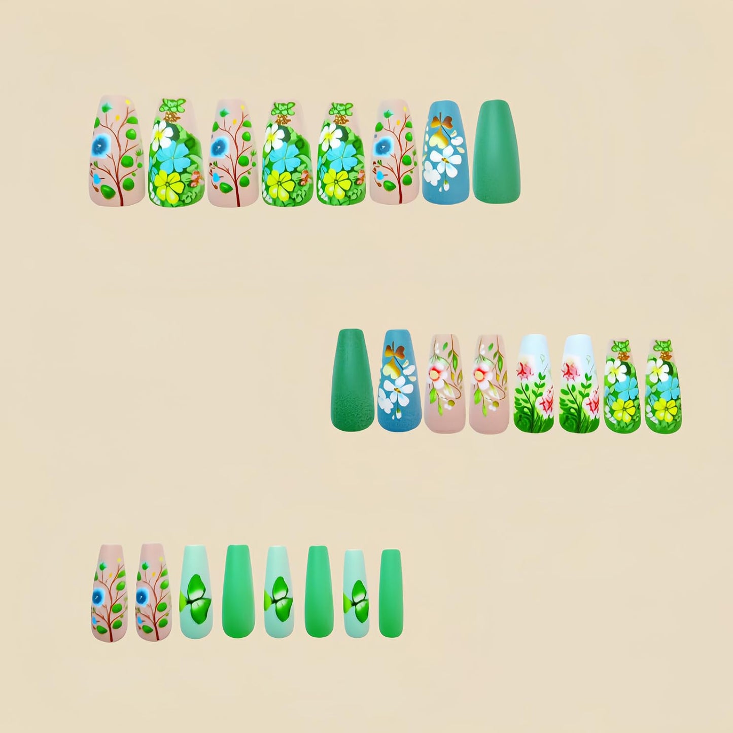 Green Press on Nails Medium Flower False Nails Ballet Shaped Acrylic Nails Colorful Floral Design Full Cover Stick on Nails Glossy Coffin Nails Reusable Glue on Nails Artificial Nails for Women 24Pcs