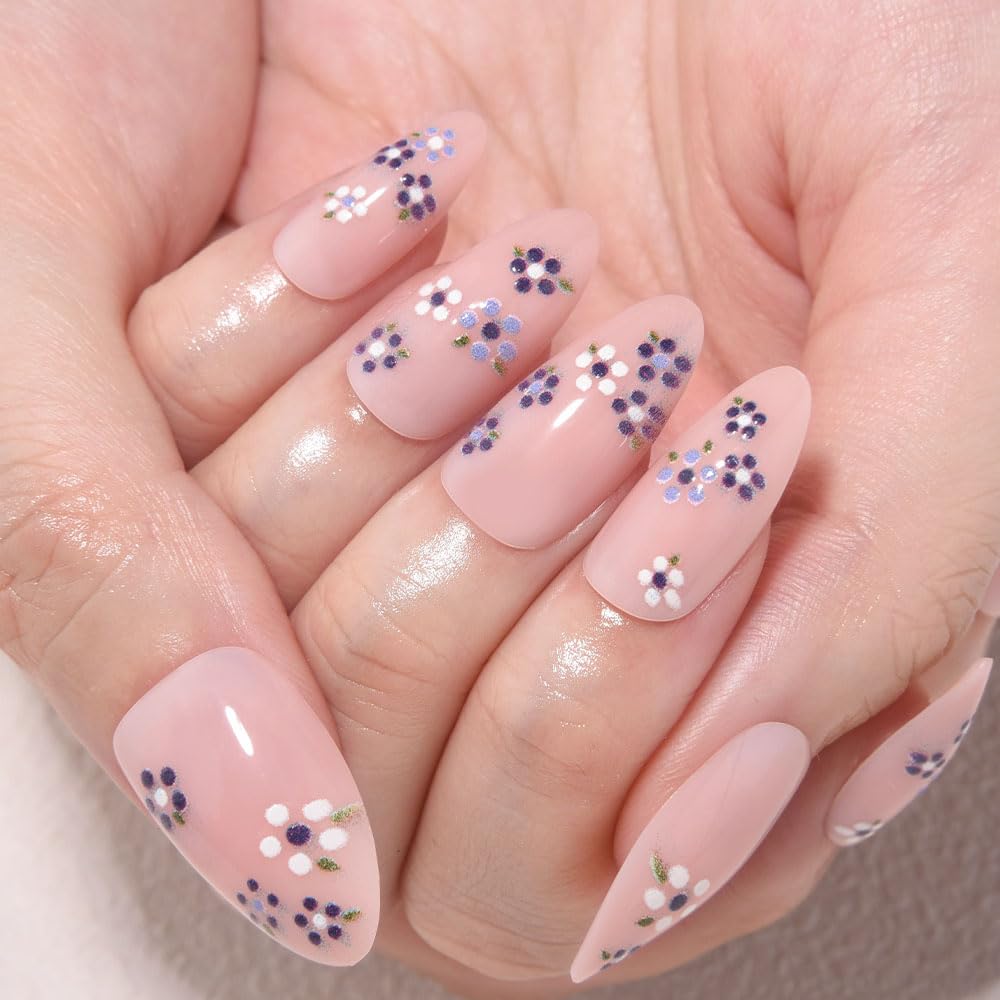 XZMeiLun Spring Summer Purple White Floral Press On Nails Medium Almond Fake Nails, Salon Quality Reusable Acrylic Nails for Women & Girls, DIY Nail Art Gift Kit - 30 PCS 15 Sizes