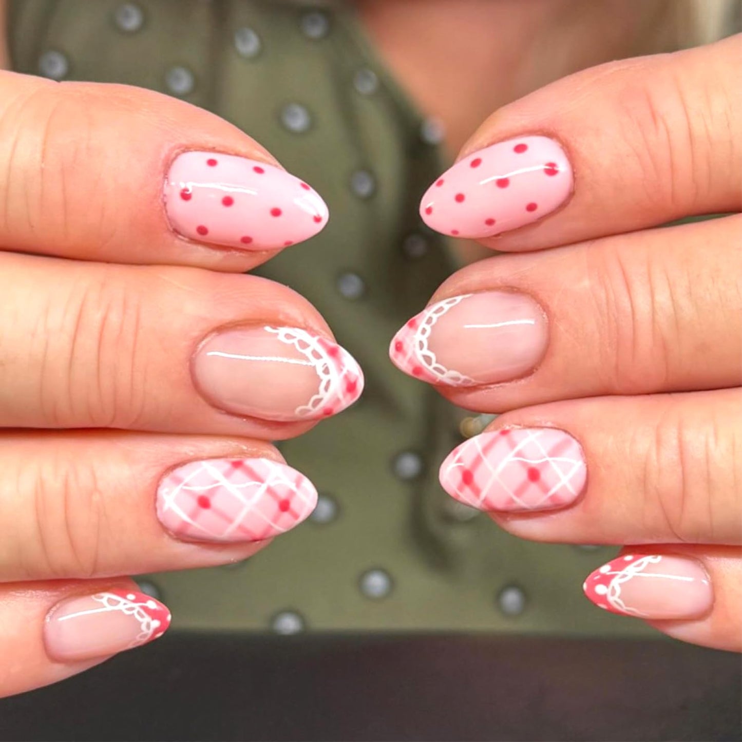 LWTZLW Cute Polka Dots Press on Nails French Tip Short Almond False Nails with Pink Grids Design Full Cover Glue on Nail Summer Reusable Acrylic Fake Nails Glossy Artificial Stick on Nail for Women