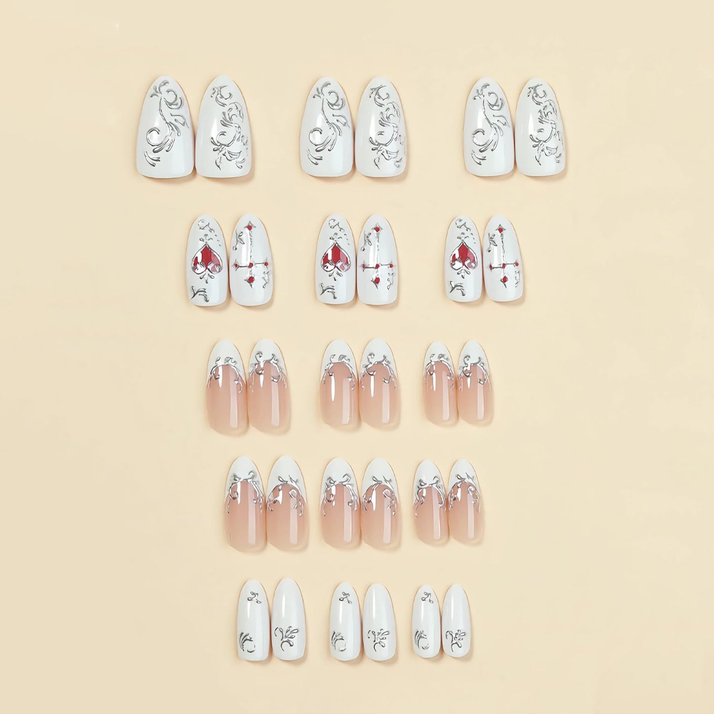 BABALAL Press On Nails, Medium Almond Fake Nails, White French Tip, Sliver Cross & Heart Design, Y2k Goth Acrylic, Reusable Glossy Full Cover Glue On Nails 24Pcs