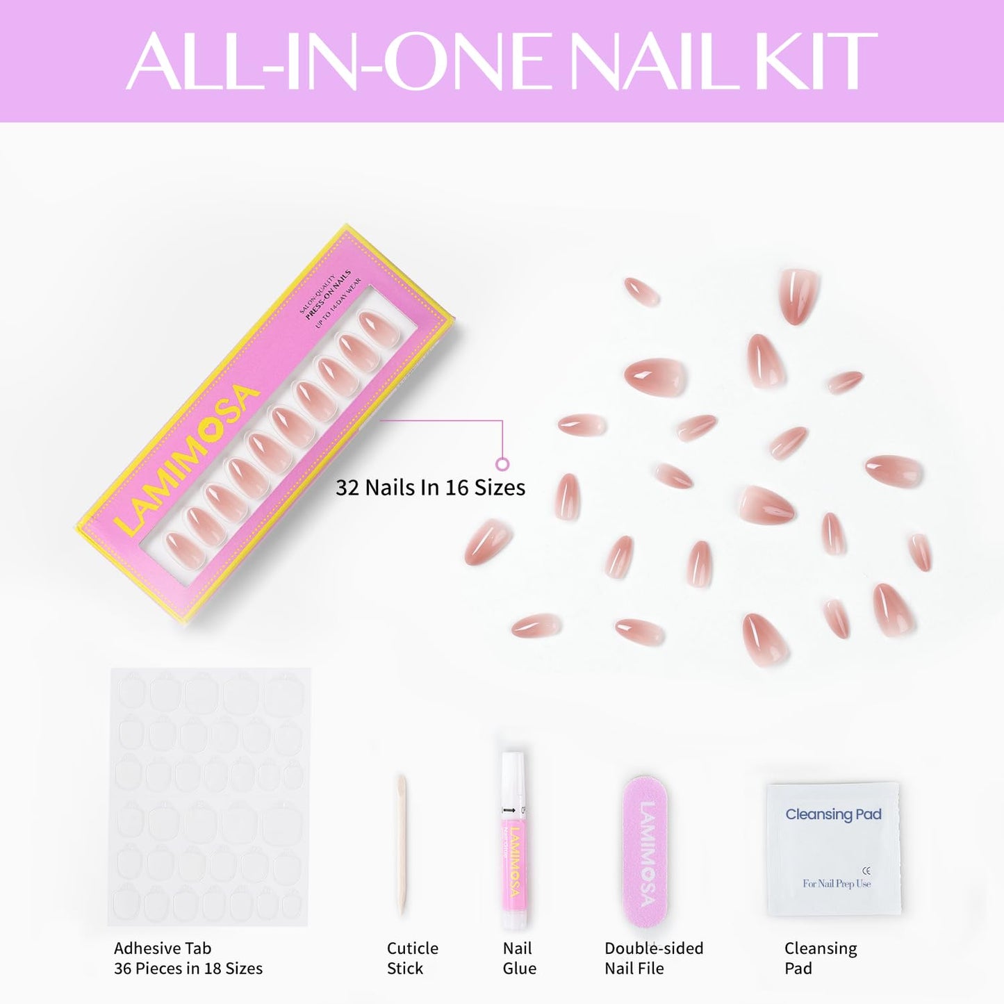 LAMIMOSA 32Pcs Press On Nails Short Almond – Soft Gel Nude Fake Nails in 16 Sizes, Reusable Glue on Nail kit, Stick On Nails, Nuetral BARELY NUDE ALMOND