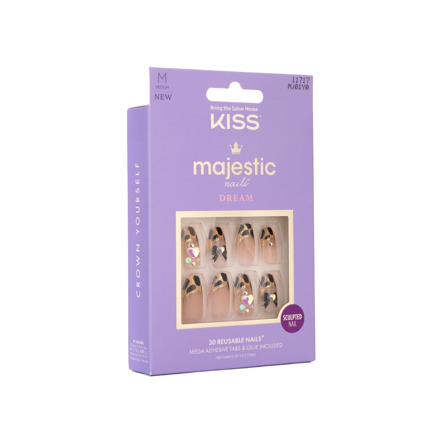 KISS Majestic, 30 Pcs Press On Nails, Medium Coffin Fake Nails, Animal Print Glitter French Tip with Bows, Reusable Stick On Extensions Full Cover Kit with Glue, Adhesive Tabs, Manicure Stick & File