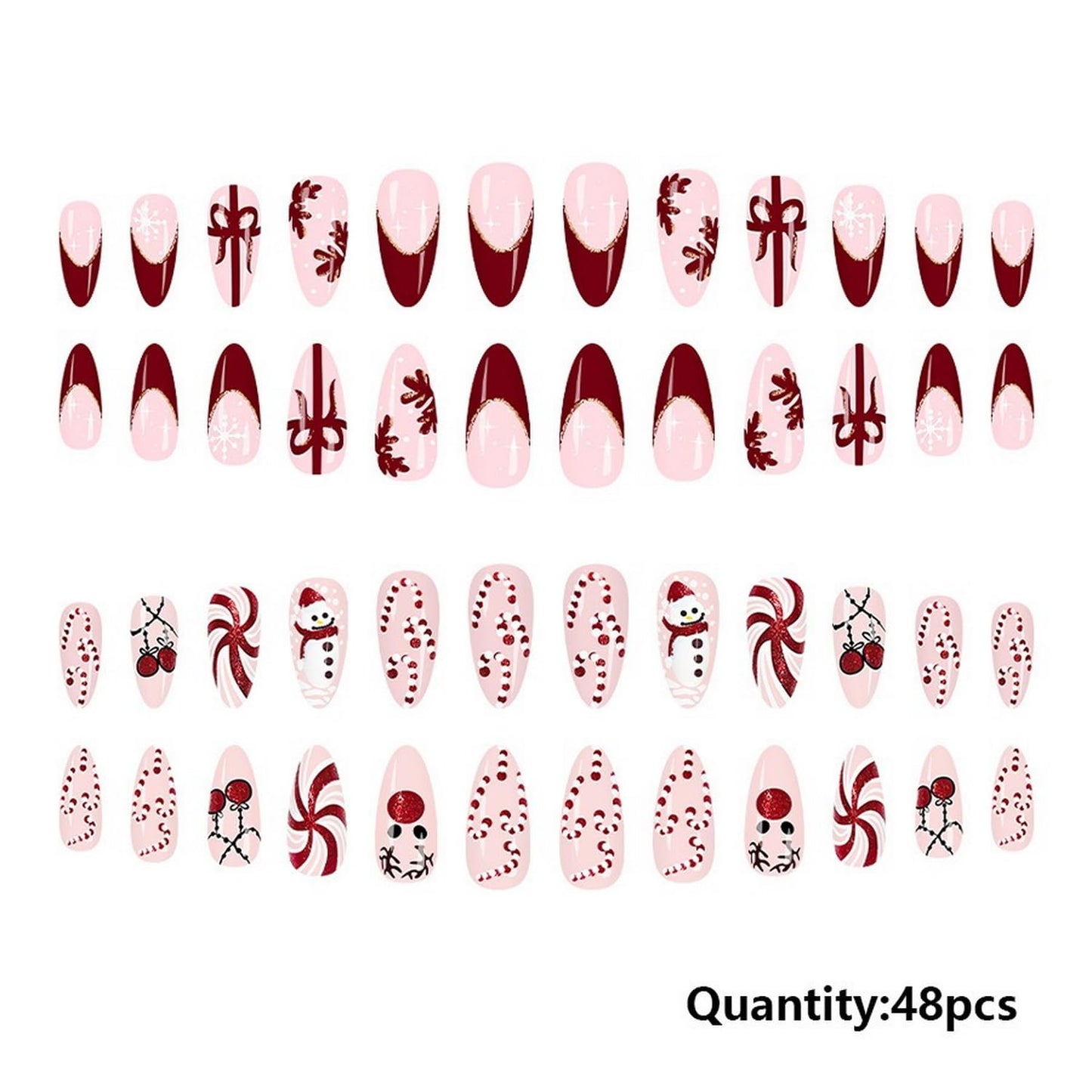 Christmas Press on Nails Kit 48 Pcs Medium Almond Fake Nails 2 Style Red French Tip False Nails with Snowflake Bow Snowman Cane Candy Designs Glossy Glue on Nail Winter Acrylic Nails for Women Girls