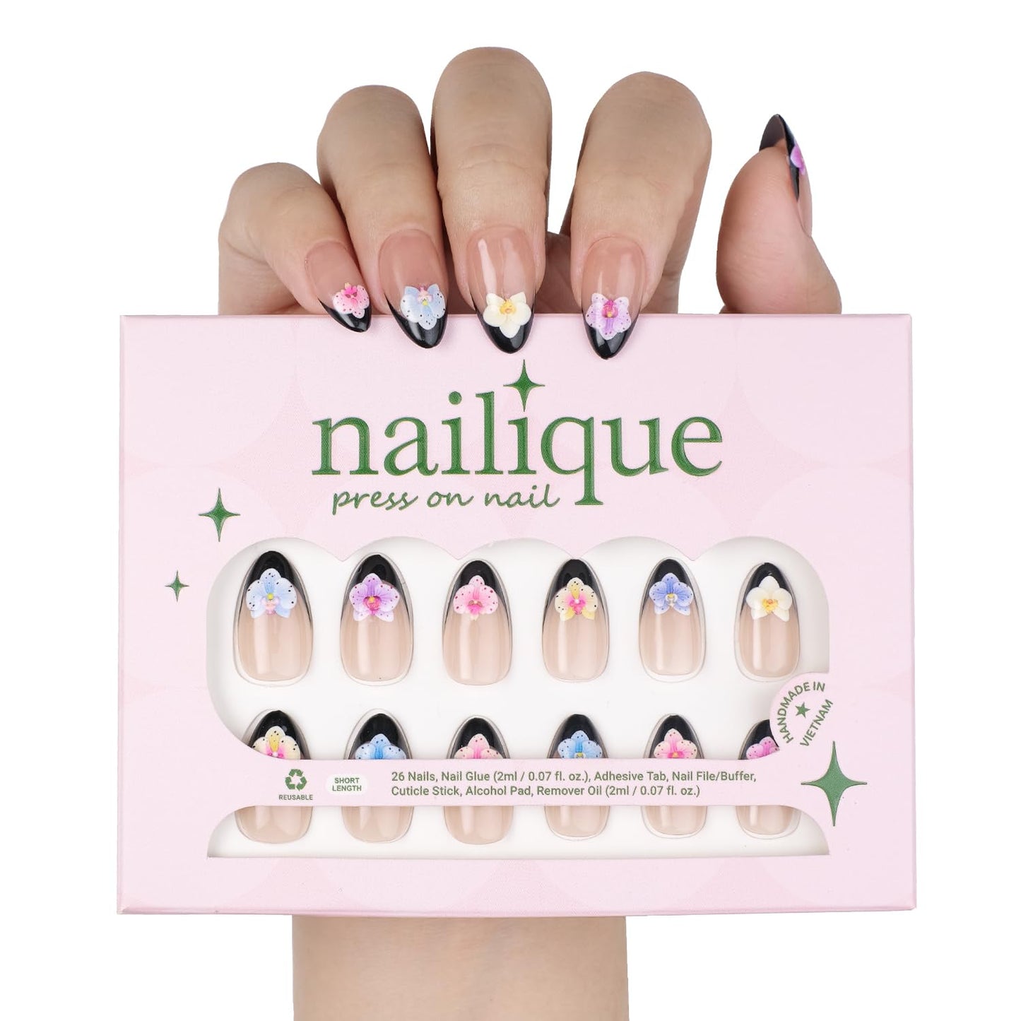 NAILIQUE Press On Nails Short Almond, Handmade Soft Gel Black French Tip Fake Nails with 3D Orchid Flower Art, 26pcs Reusable Nail Tips with Glue & Remover, Salon Quality Summer Manicure