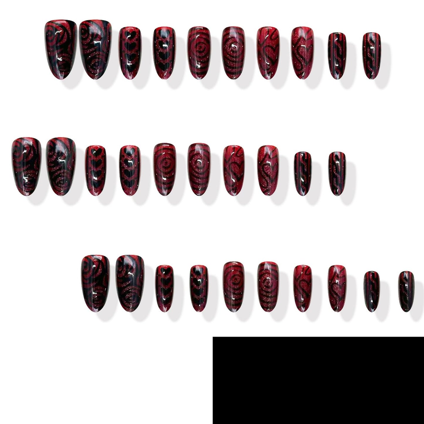 30Pcs Cute Valentine's Press on Nails Dark Red Fake Nail with Black Heart Rose Design Glossy Valentines Press On French Tip Stick on Stripes Full Cover Wine Red Glitter Love Artificial Nails for Women