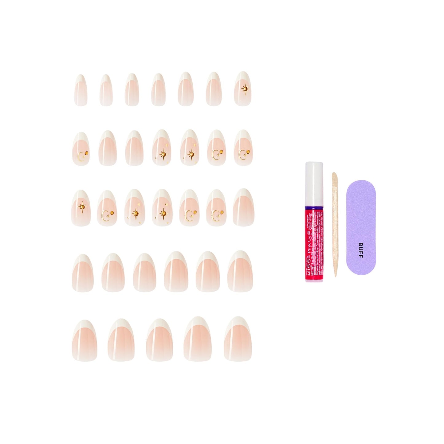 Kiss Glam, Press On Nails, Nail glue included, 'Zephyr', White, Medium Size, Almond Shape, Includes 32 Nails, 2g Glue, 1 Manicure Stick, 1 Mini File
