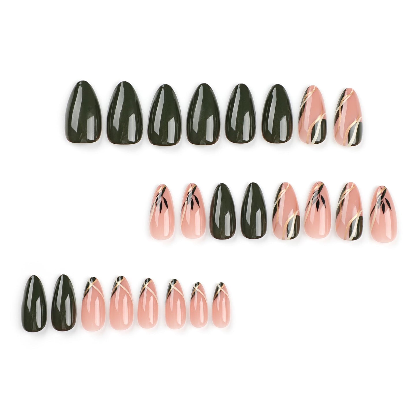 Almond Press on Nails Green Leaf Fake Nails Medium Full False Nails with Designs Leaves Glue on Nail Reusable Artificial Stick on Nail Glossy Line Acrylic Nails DIY Manicure Decoration for Women 24Pcs