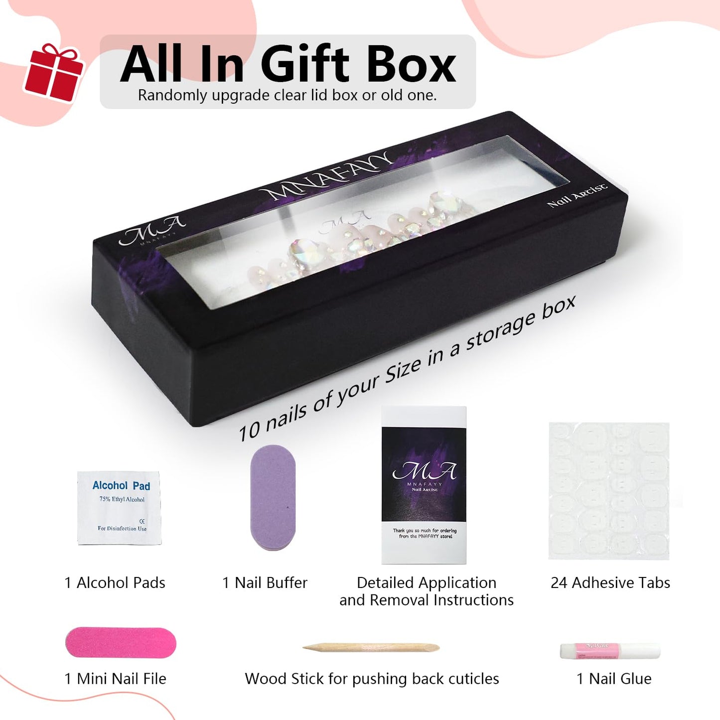 MNAFAYY 100% Handmade Nails Cherry Extra Long 3D Gems French Press On Nails White Full Cover Luxury Gorgeous Reusable UV Finished Fake False Nails Acrylic Nail Kit With Box Gifts Women Mother's Day S
