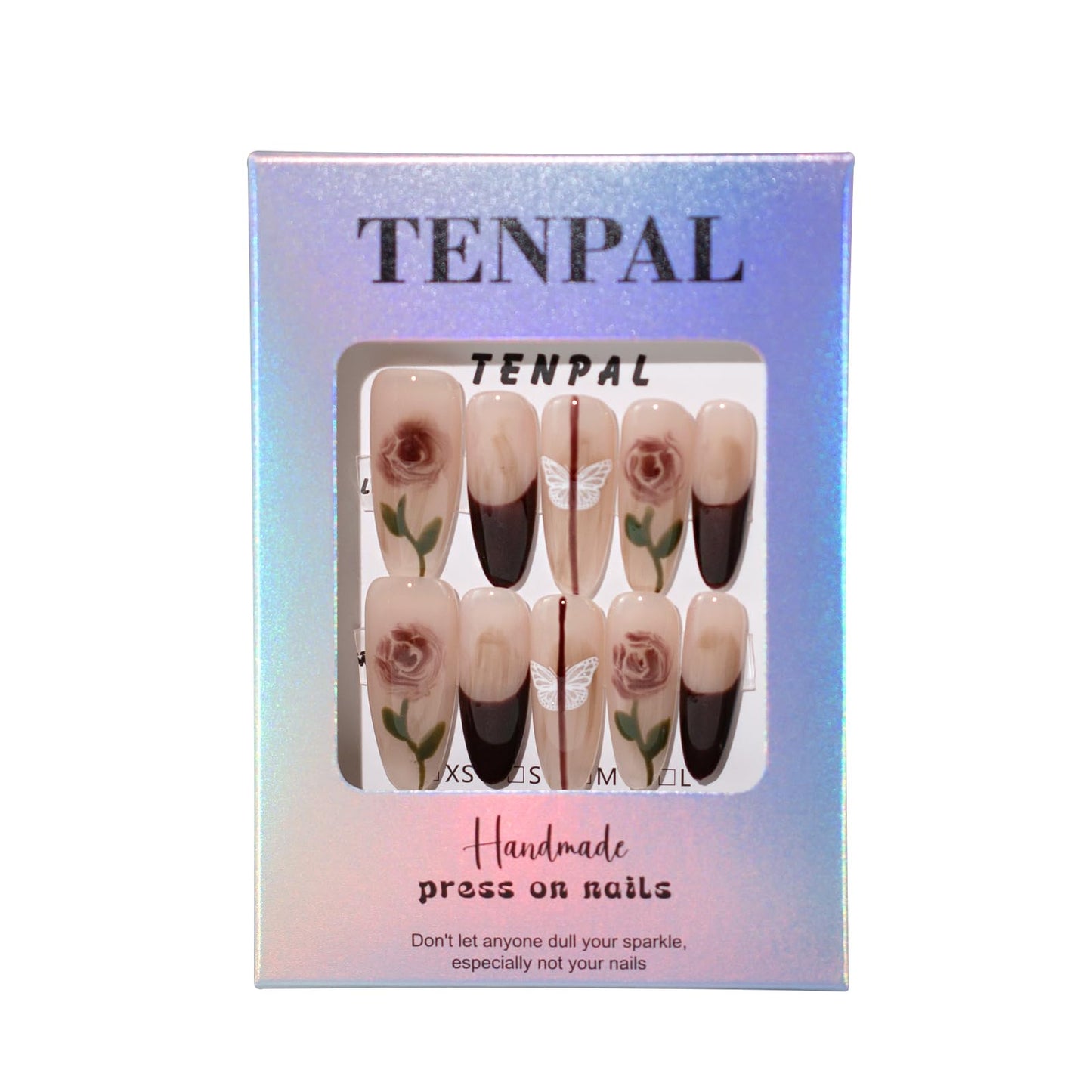 TENPAL French Tip Press on Nails Almond Black Nails Press ons Long Almond Fake Nails With Hand Painted Rose Butterfly Designs 10pcs/Box Sweet Cool Y2k Sexy French Handmade Nail Tips For Women Girls(S)