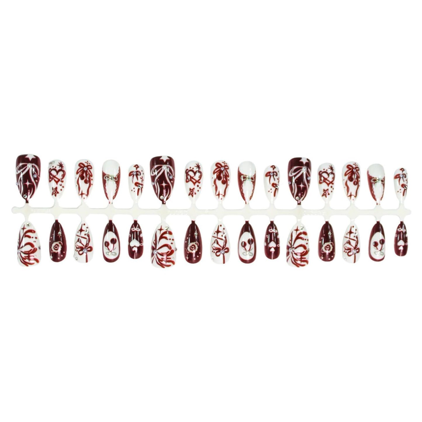 30Pcs Medium Almond Press on Nails Cute Bow Cherry Design Rhinestone Fake Nails Heart Star Stick on Nails Red Full Cover Glossy Reusable Artificial Acrylic Nails Valentine's for Women DIY Decor