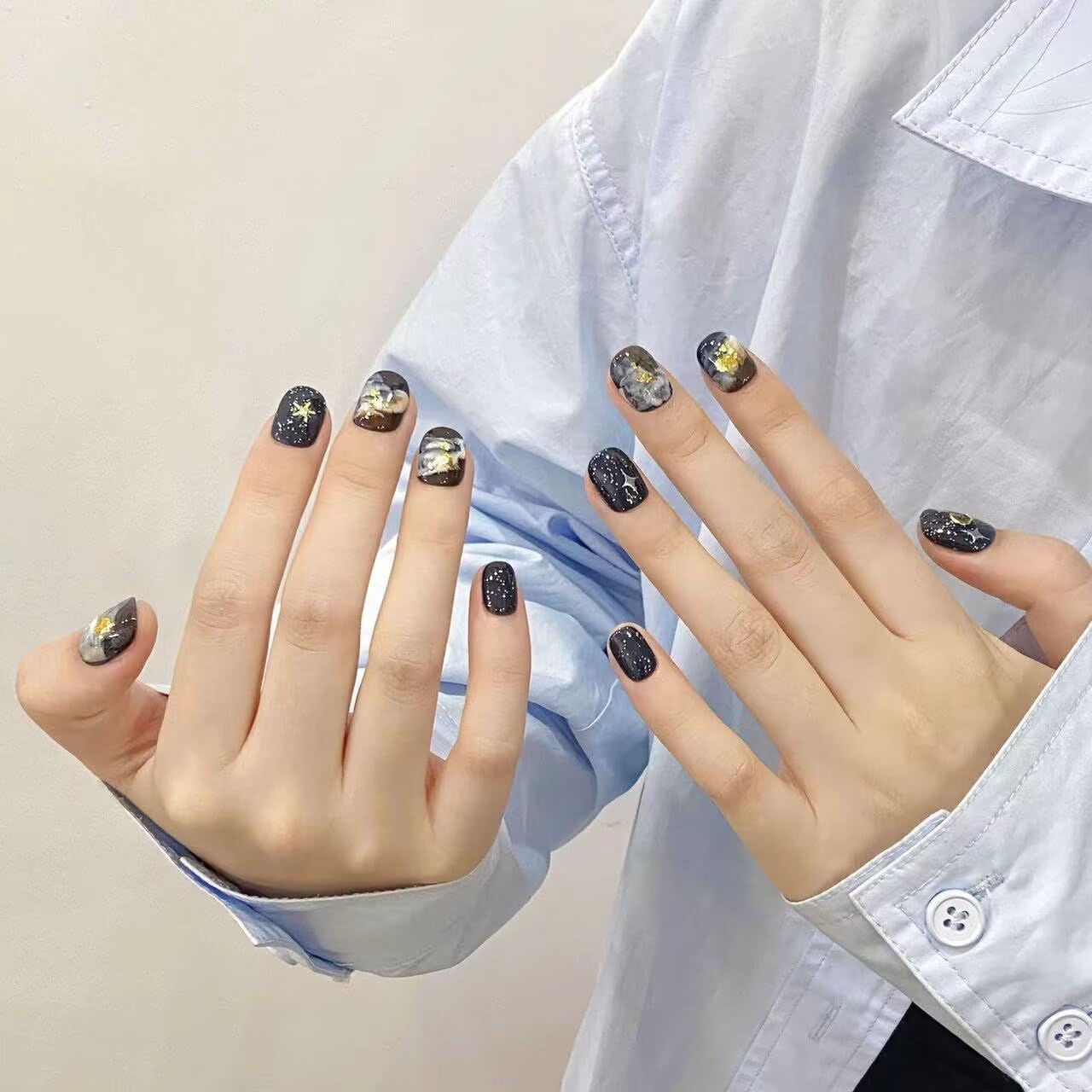Handmade Press On Nails Reusable Stick On Fake Nails Blue oil Painting Style Stars and Moon Luxury Elegant Sexy Style For Women Gift With Nail Glue S