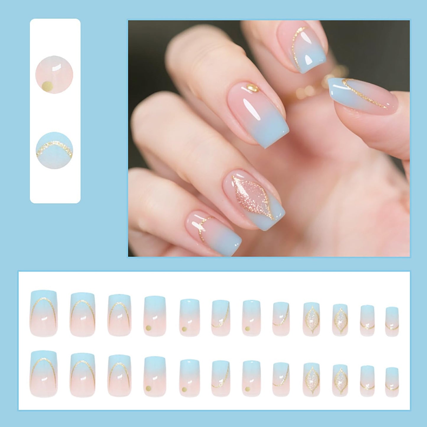 RUOKEXIN Medium Length Press on Nails French Tip Fake Nails Blue Ombre False Nails with Glitter Designs Square Glue on Nail Press ons Sparkly Artificial Nails Cute Stick on Nails for Women 24Pcs