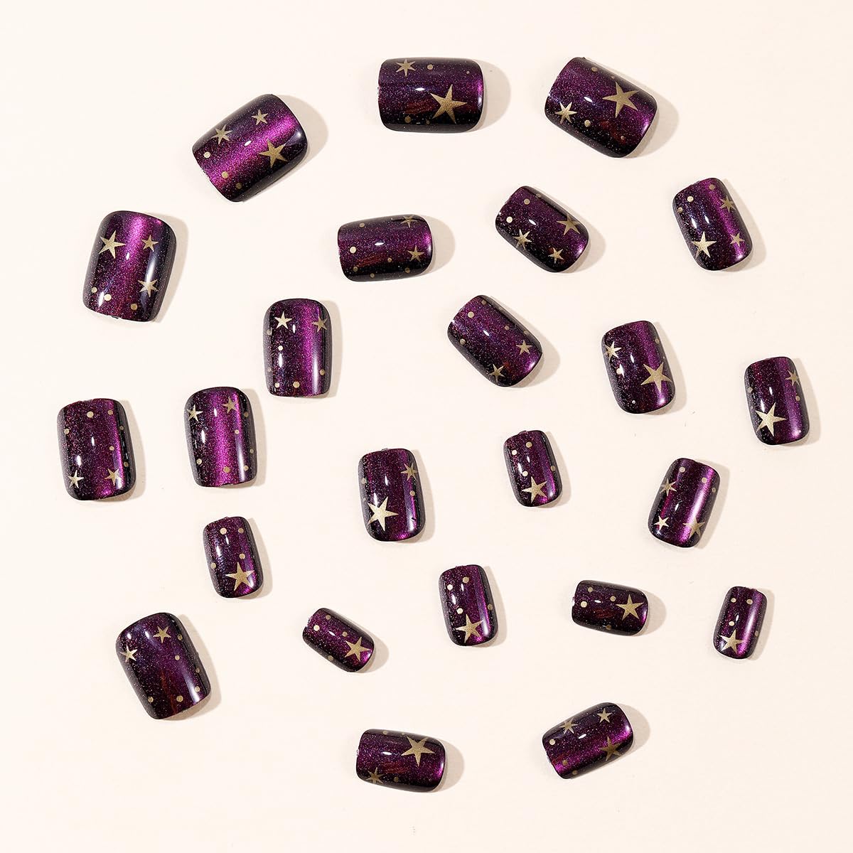 24Pcs Glitter Purple Star Press on Nails Short Square Cat's Eye Fake Nails with Gold Stars Design Glossy Glue on Nails Cute Starry Sky Acrylic False Nails for Women Daily Wear Party Holiday Manicure