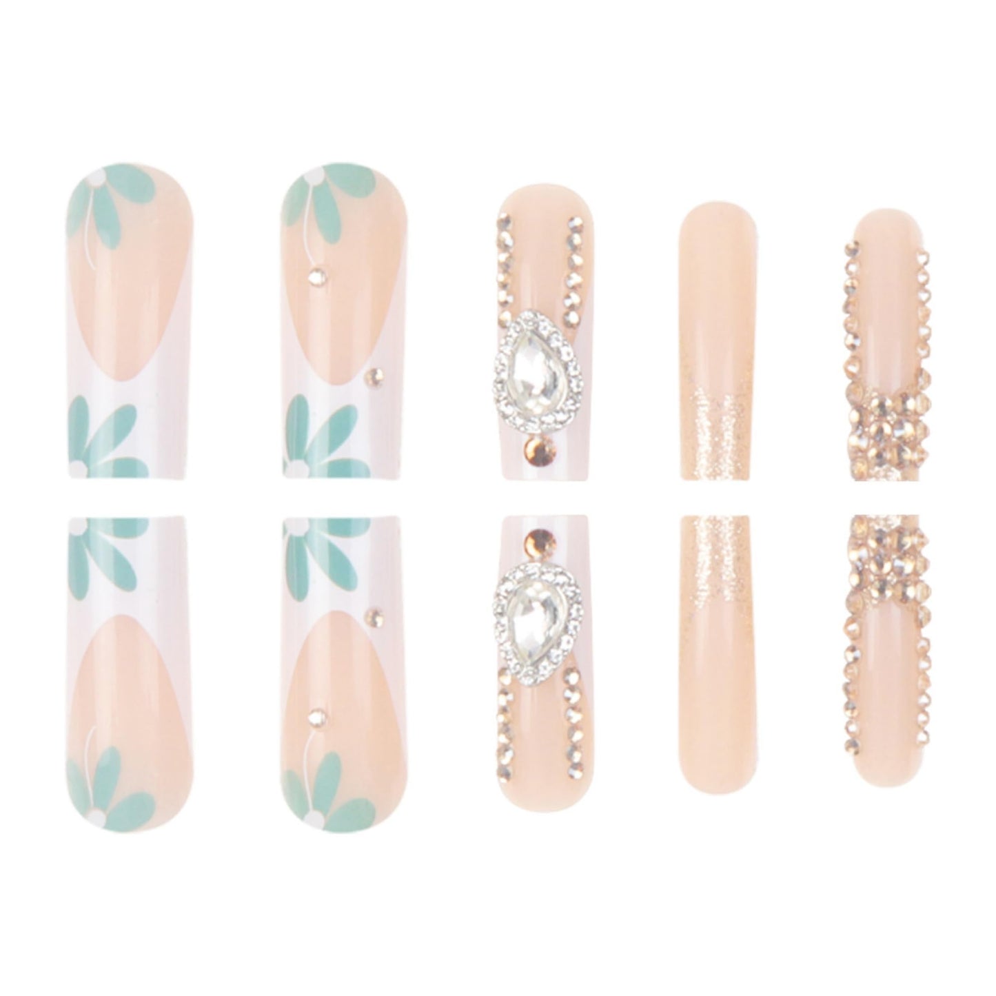 octoswave Press on Nails Long Square Fake Nails French White Artificial Nail 3D Rhinestones Stick on Nail for Women 24pcs