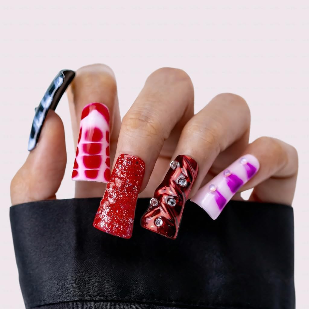 IntoVibes 10 Pieces Candy Pop Mix Long Duck Press On Nails, Multi-Color Y2K Design, Reusable Fake Nails with Mixed Patterns, Reusable Fake Nails, Acrylic Nails (M)