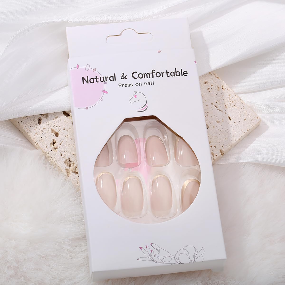 KTAABTR Gold French Tip Press on Nails Nude Fake Nails with Glue Short Almond Shaped Acrylic Nails Stick on Nails for Women Girls DIY Manicure 24Pcs Glossy False Nails Decoration Set