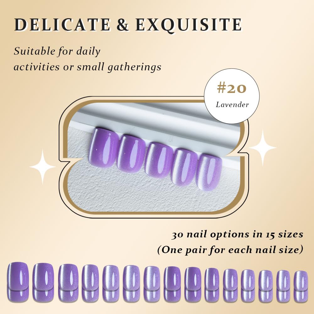 Lavender Cat Eye Press on Nails Short Square, Short Square Stick on Nails for Women Gift, Orchid Purple Glitter Glossy Fake Nail Reusable Press on Acrylic Fake Nail with Holographic Cat Eye Design