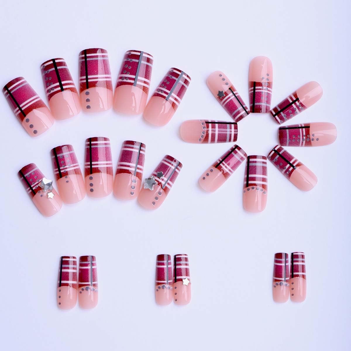 LINMEIZAI 24Pcs French Press on Nails Medium Square Pink Fake Nails Press ons Nail Tips, Stick on Nails Acrylic Nails Kit Star Gems False Nails Scottish Plaid Design Nail Art for Women Cheer Manicure