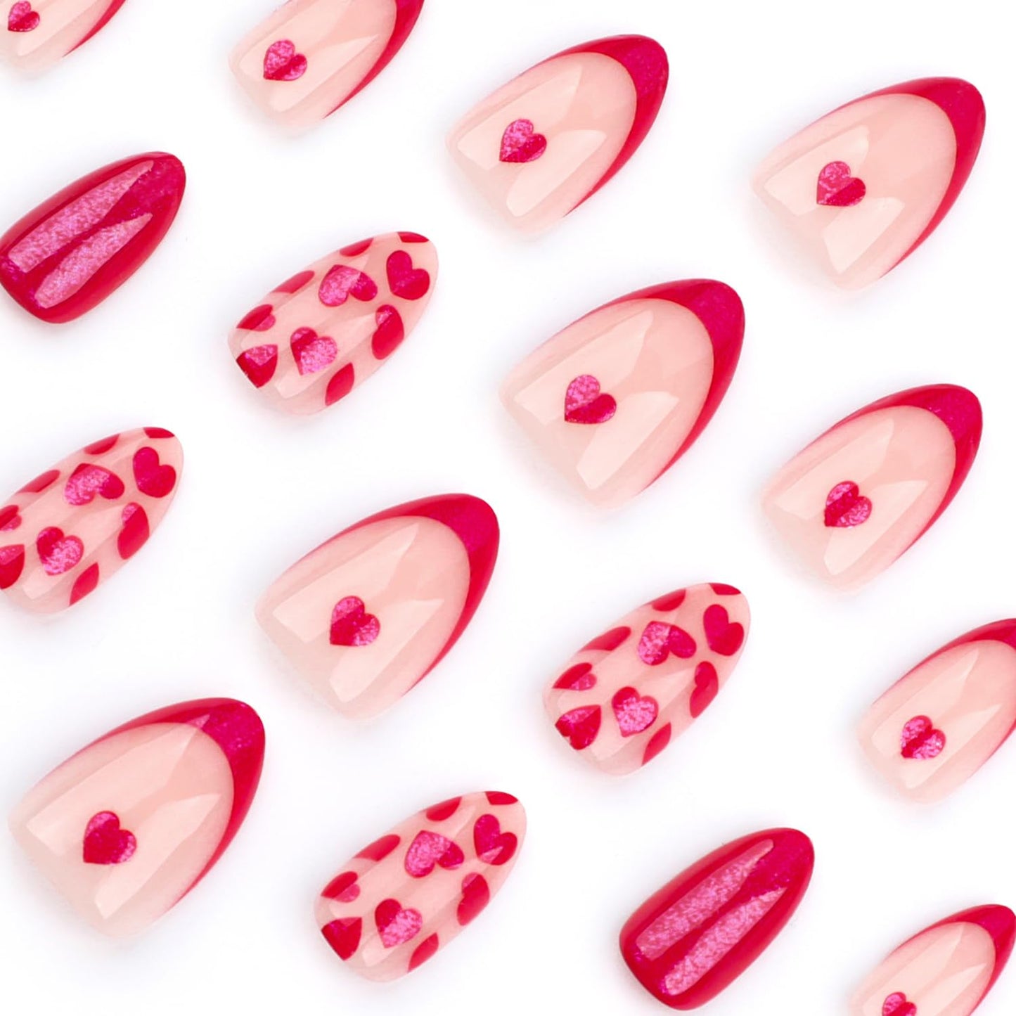 24 Pcs Valentine's Press on Nails Short Almond Set, Red French Tip Fake Nails with Glitter Love Design Glossy Rose Red Stick on Nails Heart-shaped False Nails for Women DIY Manicure Decoration
