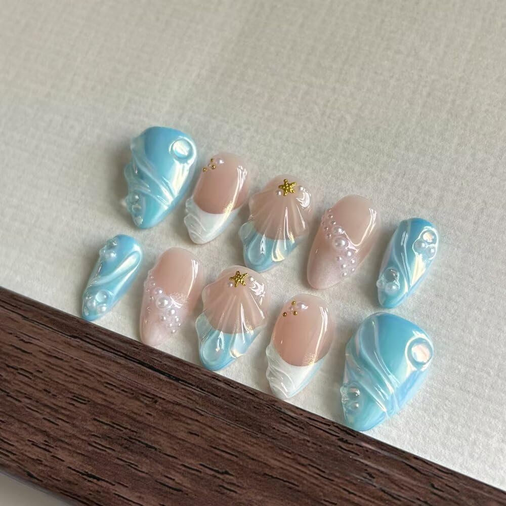 10Pcs Handmade Press On Nails, Spring & Summer French Almond Nails, 3D Blue Shell and Gold Plated Decoration Design, Reusable Acrylic Fingernail Salon Artificial Nails Kit (Size S)