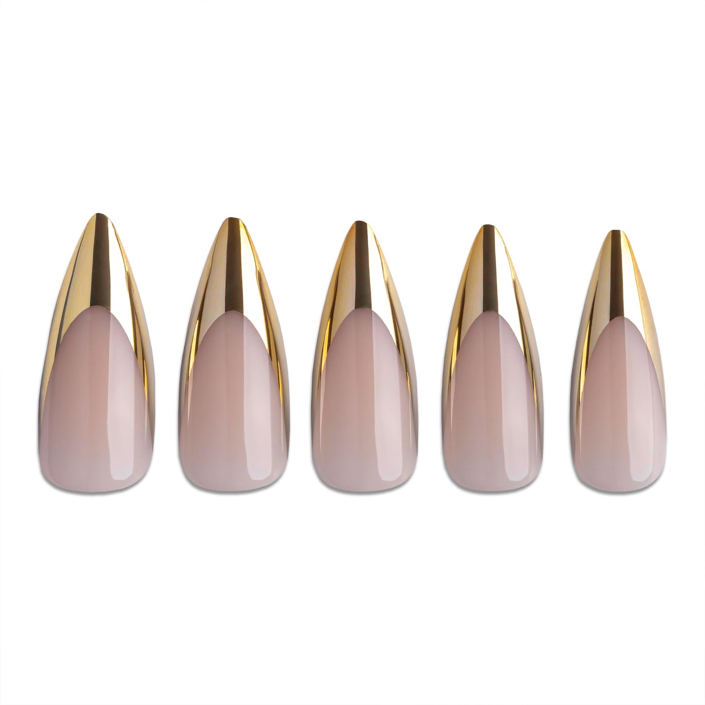 PaintLab Press On Nails - Gold Chrome Stiletto Fake Nails, 30 Nails in 15 Sizes with Glue, Reusable Salon Quality Chrome Press On Nails