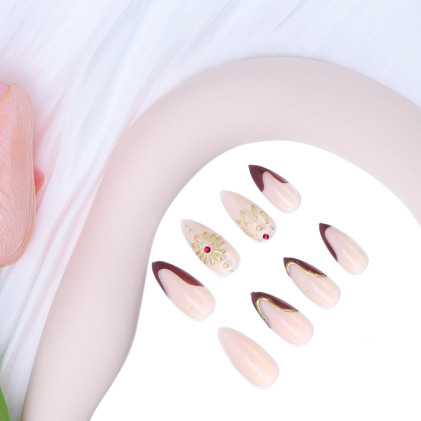 3D Gold Irregular Lines Press on Nails Medium Almond Press on Red French Tip Fake Nails Golden Sun False Nails with Shiny Rhinestones Design Artificial Nails Glossy Glue on Nails for Women Nails 24Pcs