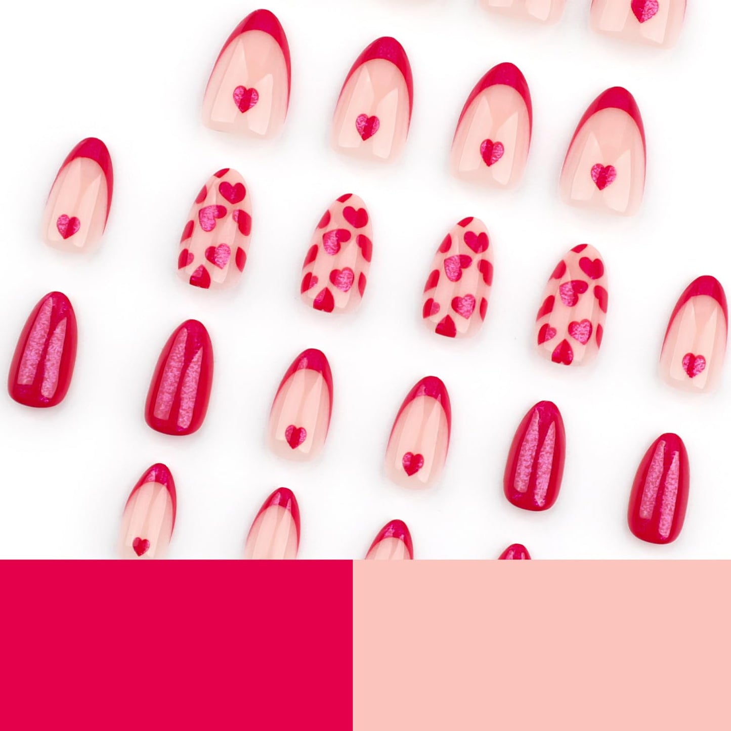 24 Pcs Valentine's Press on Nails Short Almond Set, Red French Tip Fake Nails with Glitter Love Design Glossy Rose Red Stick on Nails Heart-shaped False Nails for Women DIY Manicure Decoration