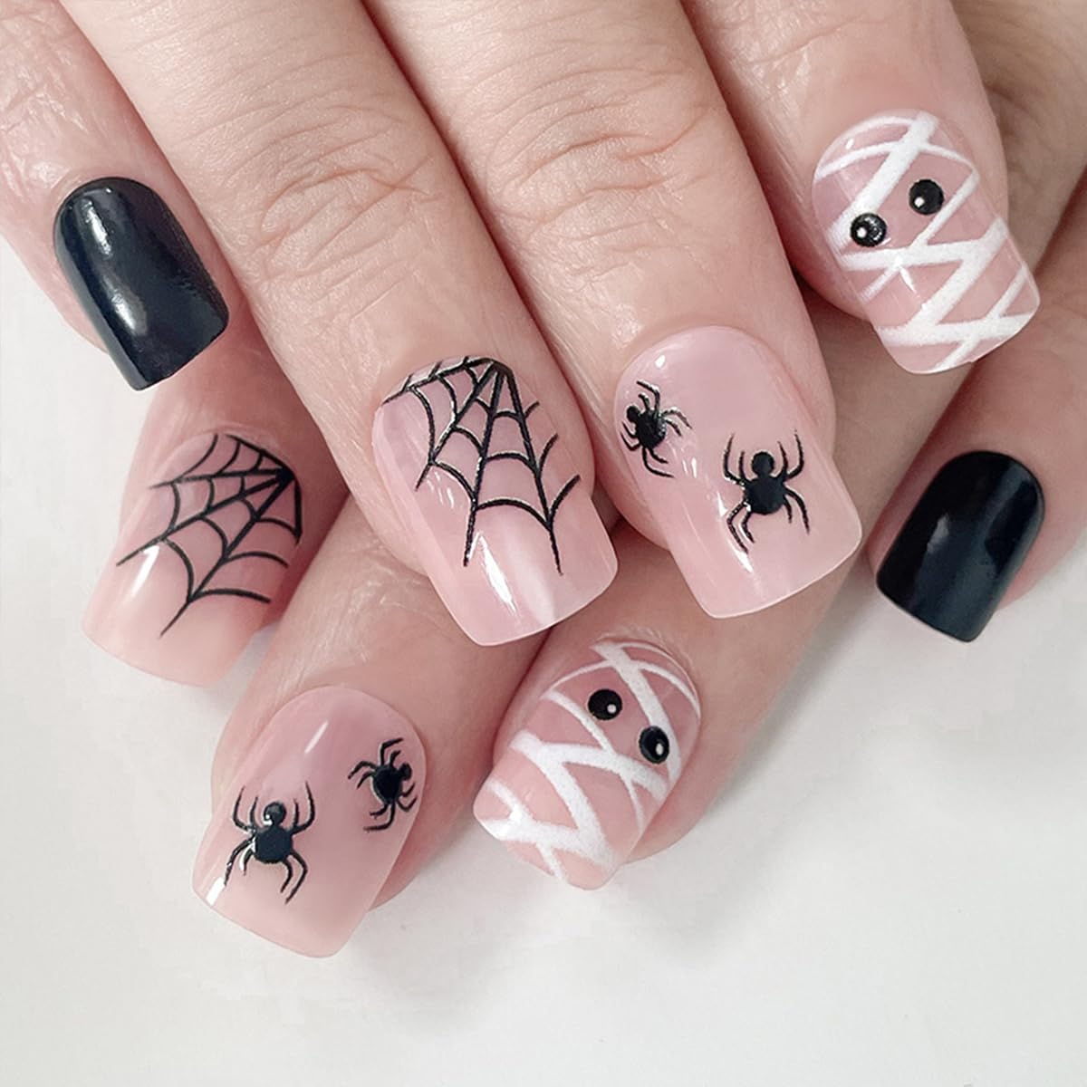 6 Packs (144 Pcs) Halloween Press on Nails Short Square Fake Nails with Designs Pumpkin Ghost Spider Glue on Nails Full Cover Glossy Acrylic Stick on Nail for Women Girls Manicure