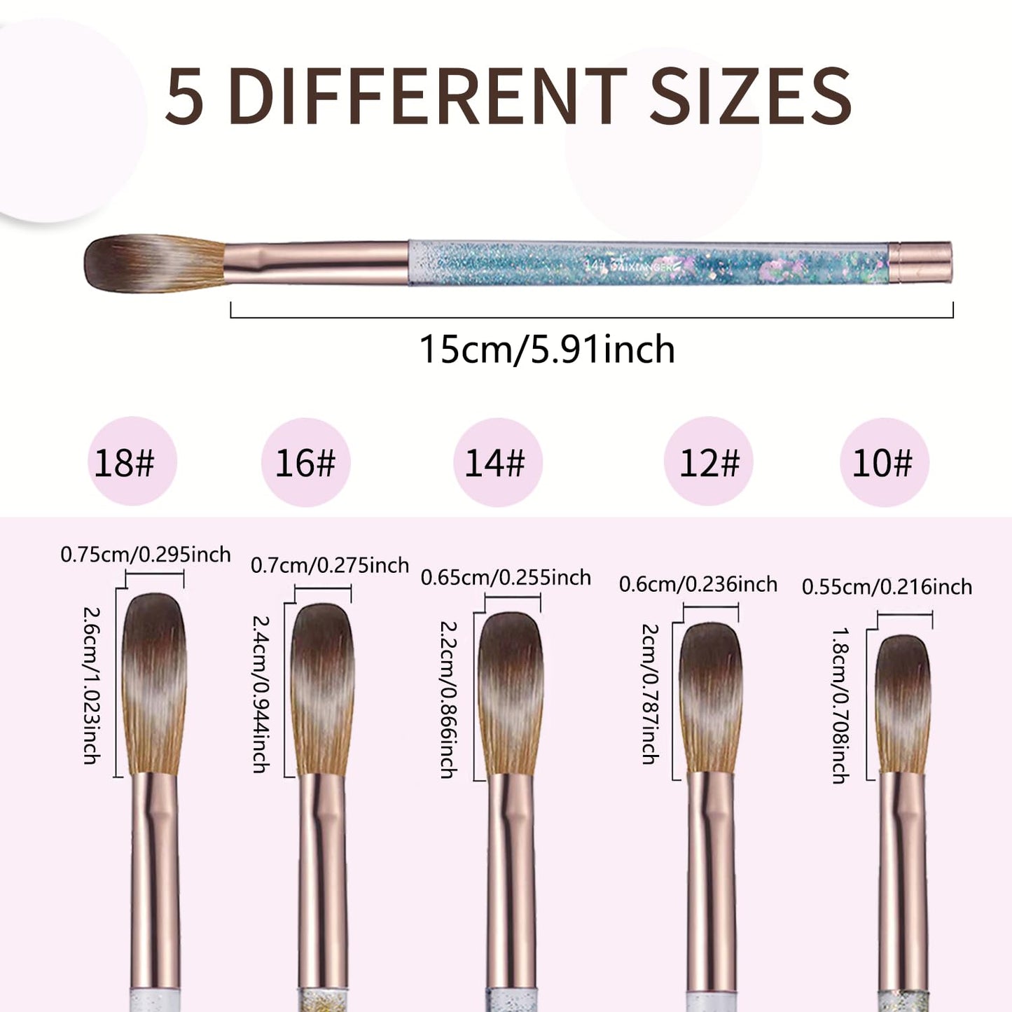 Acrylic Nail Brush Set, Size #10#12#14#16#18 Nail Sculpting Brushes with Dual-Ended Stainless Steel Nail Brush & Cuticle Pusher, Professional Manicure Kit for Acrylic Application & DIY Manicure