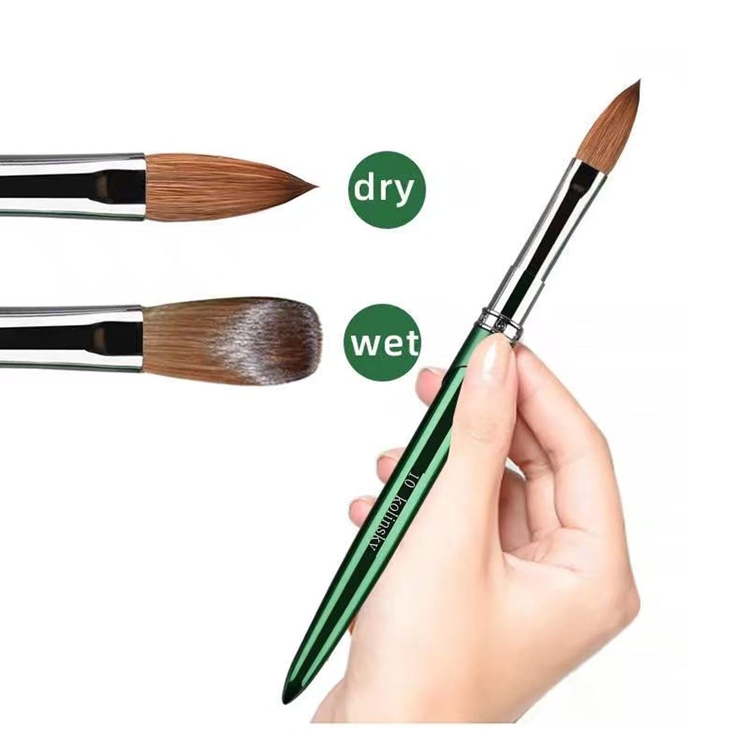 100% Kolinsky Nail Art Brushes Acrylic Nail Brushes Pure Kolinsky Hair Acrylic Crystal Chrome Green Handle with Silver Ferrule Round Shaped for Women Girls Manicure Tools Accessories-Size 10