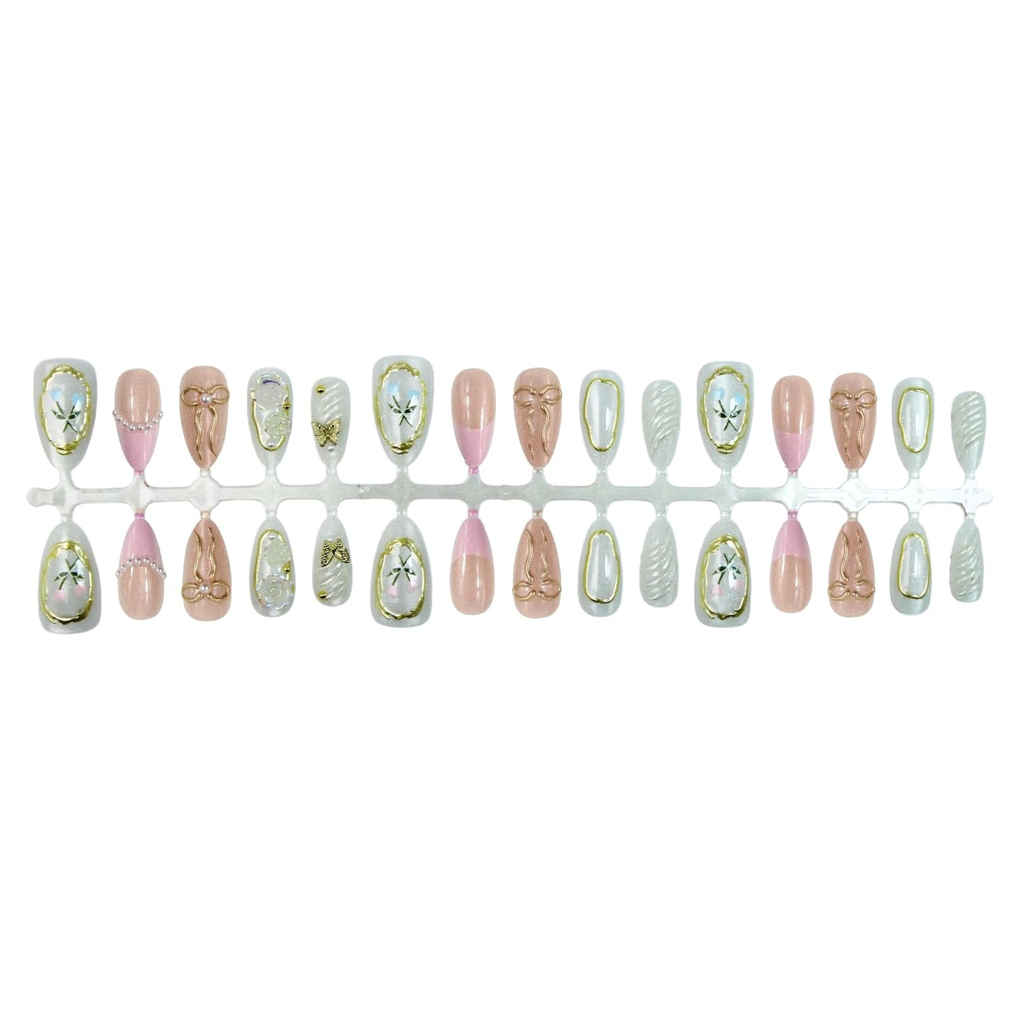 30pcs Almond Fake Nails 3D Gilded French Style Cute Gold Bow False Nail Tips with Rhinestone Pearl Press on Nails Set Butterfly Tulip Water Drop Full Cover Stick on Nails for Women Acrylic Nail Kit