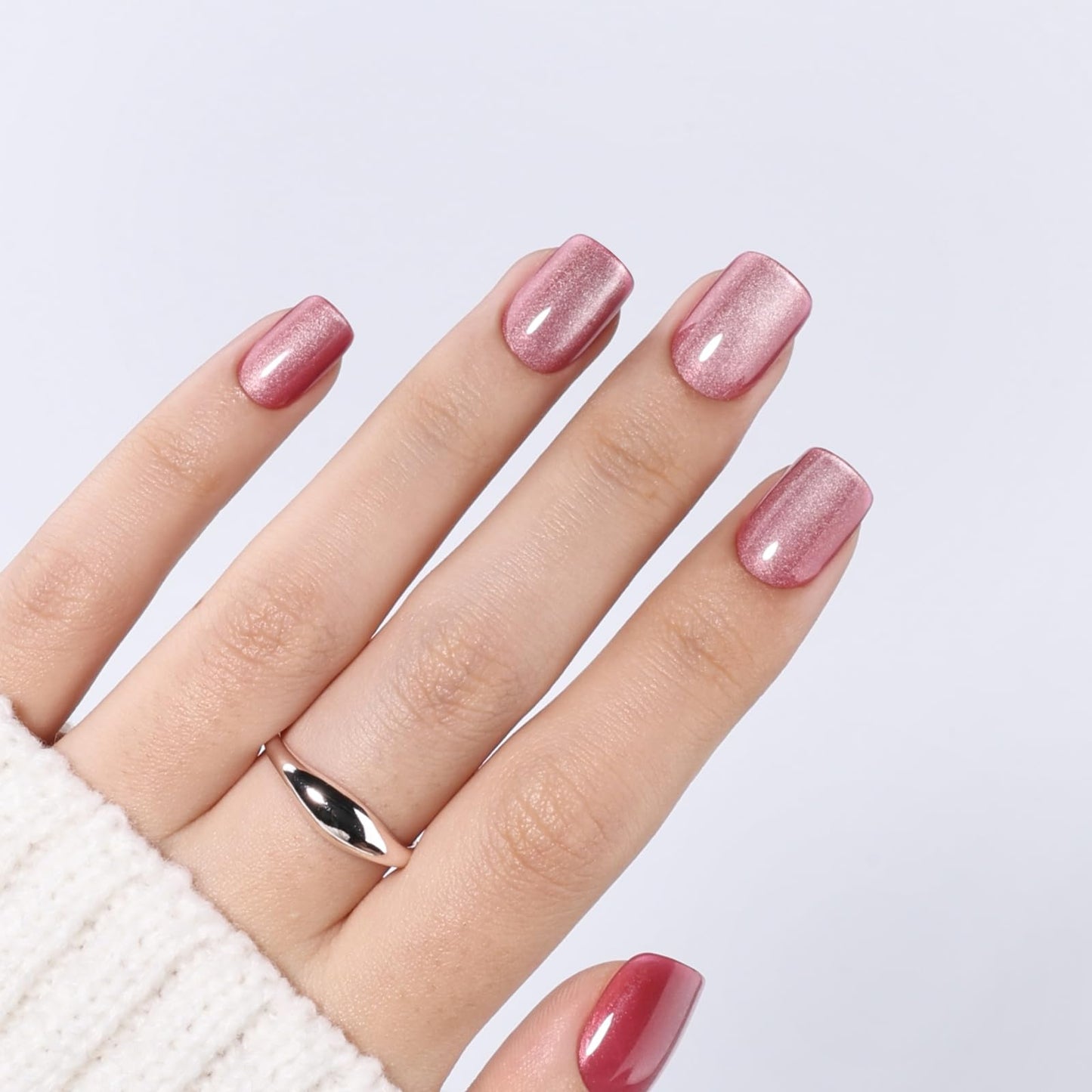 Cat Eye Press On Nails - Rose Pink Press On Nails, Short Square Nails Press Ons for Women Fake Nails with Glue, Glossy Reusable Glue on Nail in 15 Sizes - 30pcs