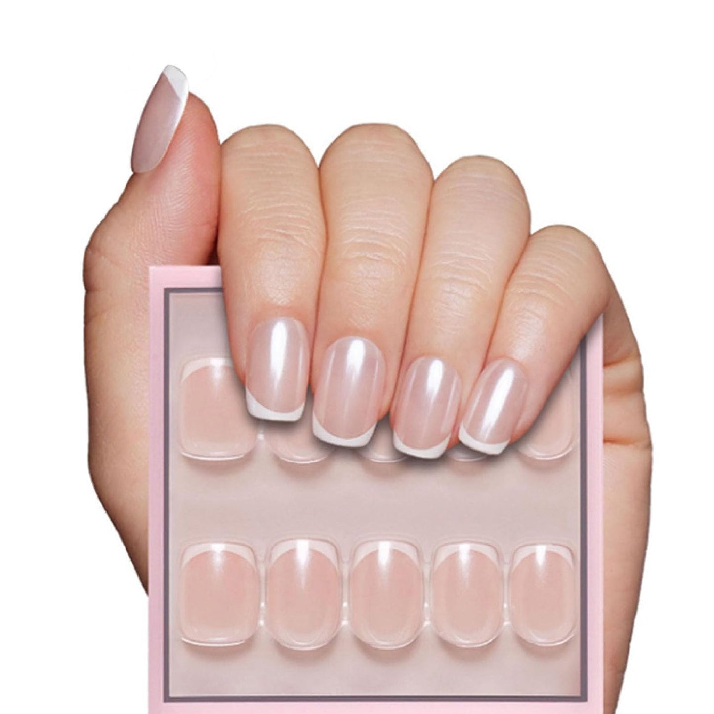 24Pcs Chrome Press on Nails Short Square Fake Nails with French Tip Full Cover Glossy Designs Nails Press ons Pink False Nails Simple Stick on Nails for Women