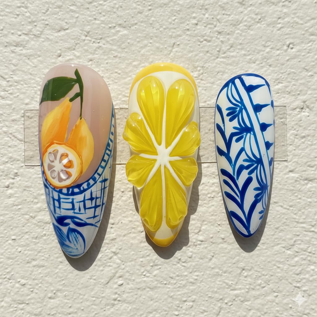 Handcrafted Press On Nails Italian Vacation Style Lemon & Blue Ceramic Pattern 100% Handmade Realistic Artistic Fake Nails With Adhesive Glue Tabs And Tool Gifts For Women (Hand-Painted Lemon,Long L)