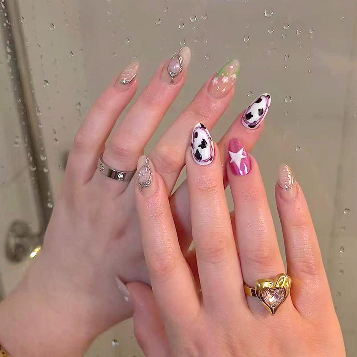 30Pcs 3D Chrome Silver Press on Nails Medium Almond Fake Nails Pink Magnetic Shimmer Designs False Nails Cow Print Artificial Nails Nude Glossy Full Cover Star Flower Acrylic Stick on Nail for Women