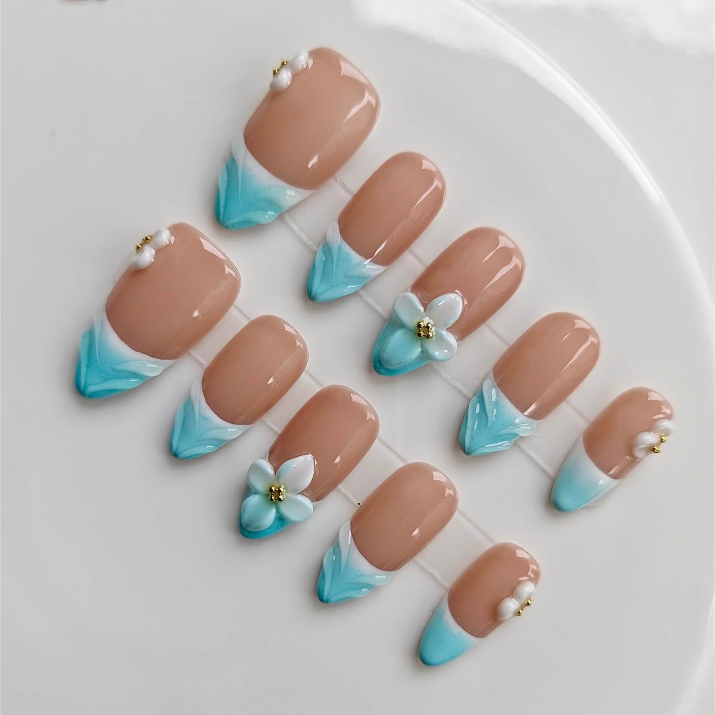 Gleamrain Almond Medium Handmade Press on Nails for Women, Handcrafted Floral Design Nude Base Blue French Tip Reusable Full Cover Fake Nail for Daily Wear Party Birthday D303